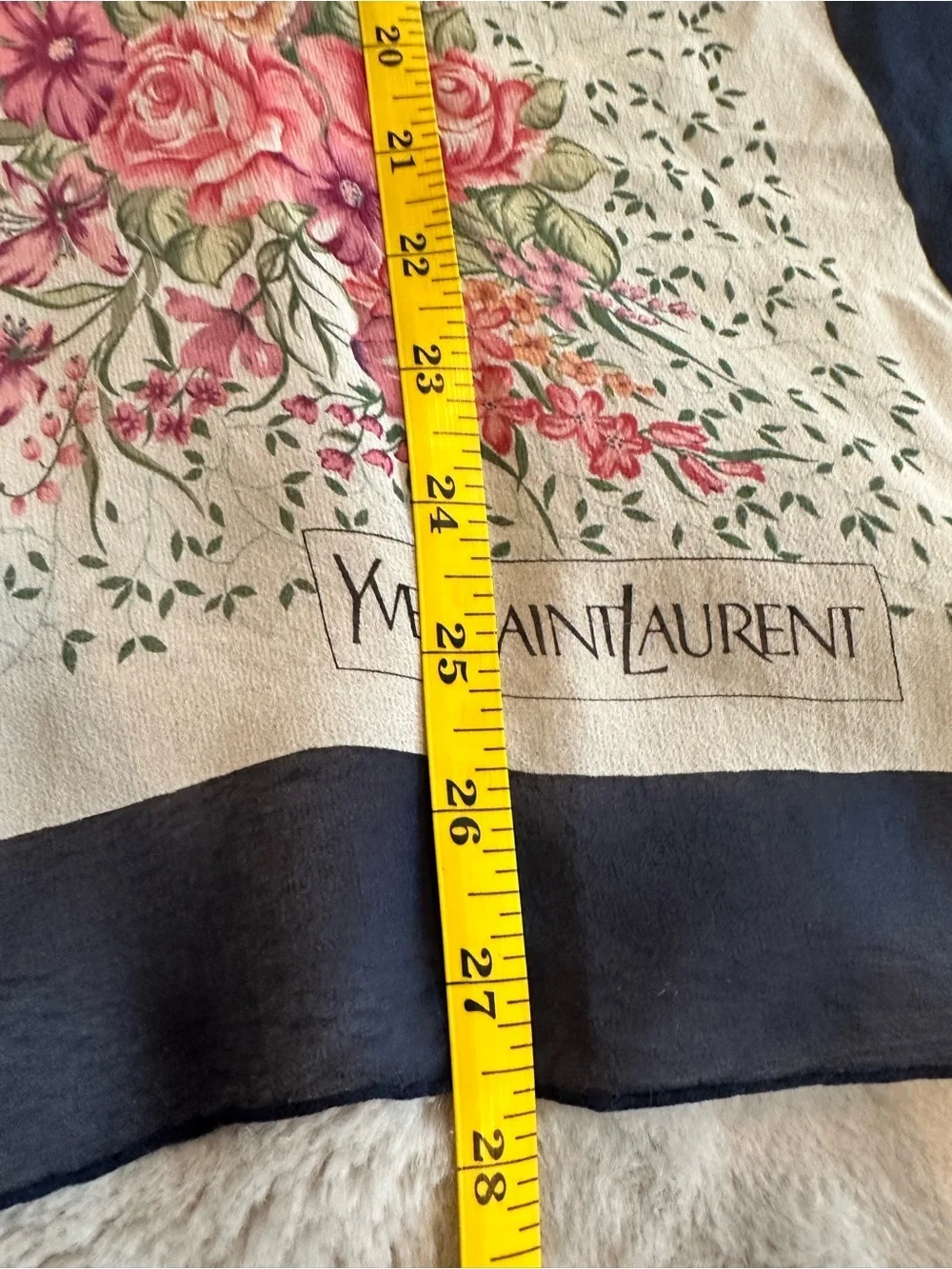 Yves Saint Laurent Cream Silk Scarf with Pink Floral & Navy Border